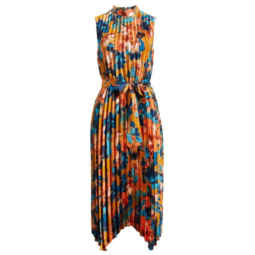 Tahari ASL Womens Sleeveless Pleated Belted Midi Dress 12 Rust Teal - NWT $159